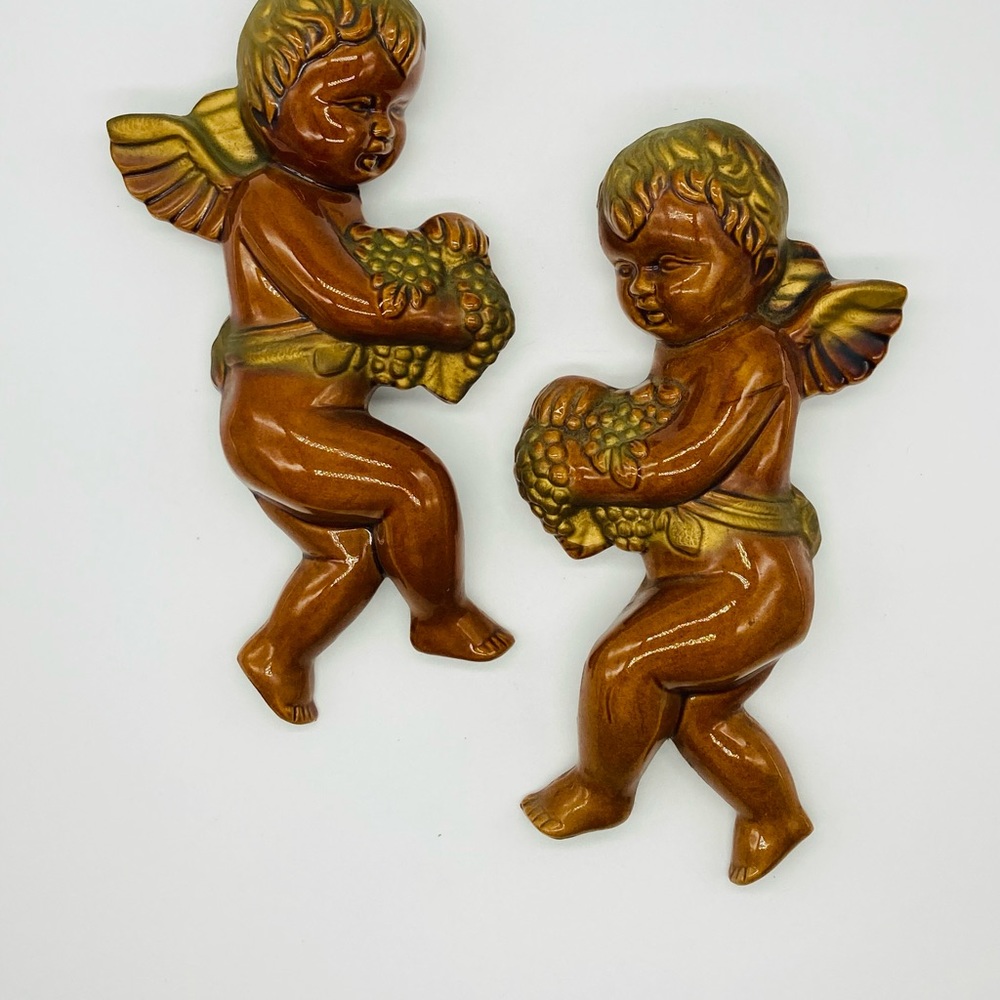 Vintage Japan Ceramic Cherub Wall Pockets Brown & Gold (set of 2)